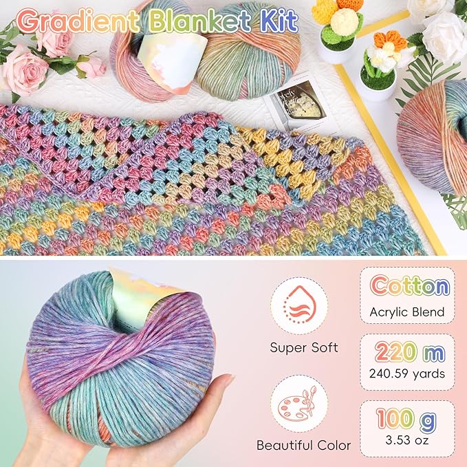Aeelike Blanket Crochet Kit for Beginners, Super Easy Crochet Blanket Kit with Soft & Colorful Gradient Yarns Detailed Video Tutorials Crocheting Accessories, Rainbow Gradient & Ideal Gift