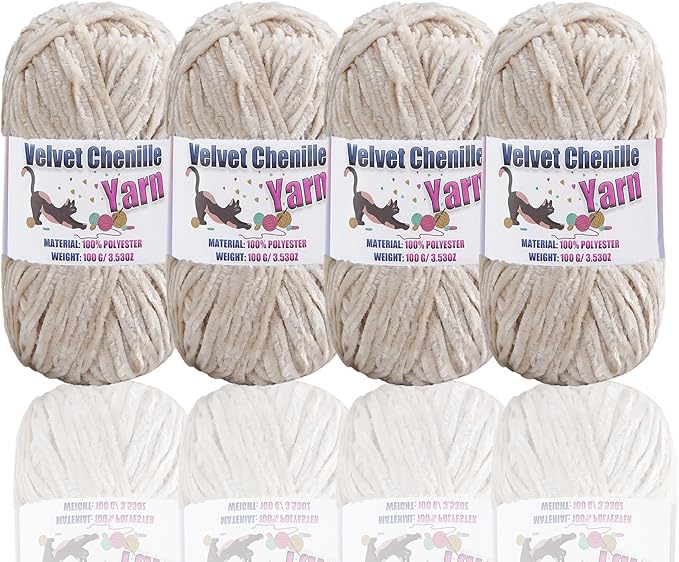 4 * 100g Fluffy Velvet Chenille Yarn for Crocheting and Knitting, Handcrafts Weaving Soft Chenille Yarn for Crocheting Clearance, Used for Making Baby Yarn Blanket, Clothes, DIY Craft (Milk White)