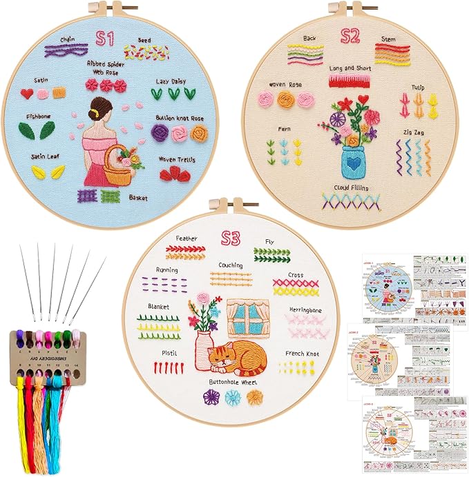 Nuberlic 3 Pack Embroidery Kit for Adults Beginners - Learn 28 Stitches Practice Samplers Starter Cross Stitch Kit DIY Needlepoint with Hoop, Color Threads, Needles and Step-by-Step Instructions