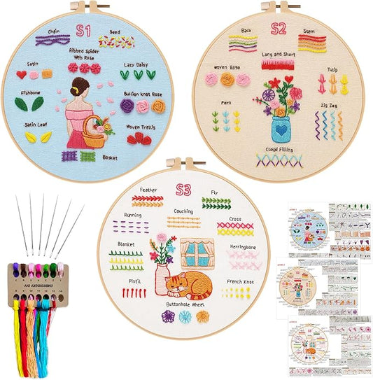 Nuberlic 3 Pack Embroidery Kit for Adults Beginners - Learn 28 Stitches Practice Samplers Starter Cross Stitch Kit DIY Needlepoint with Hoop, Color Threads, Needles and Step-by-Step Instructions