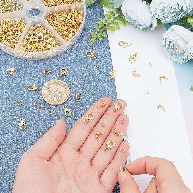 PH PandaHall 500pcs Jewelry Making Accessory Set 200pcs 4mm 21 Guage Open Jump Ring 100pcs 12x6mm Lobster Claw Clasp 200pcs 7mm Bead Tips Knot Covers for Earring Bracelet Jewelry Making, Gold