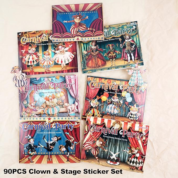 Vintage Carnival Circus Sticker Set – 90pcs Laser-Cut Interactive Stage Cards with Retro Clown Ephemera for Scrapbook Journal Junk Journal & DIY Collage Decor