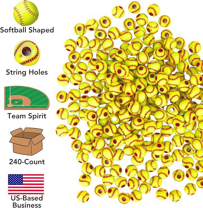 Iconikal 240-Count Acrylic Beads, 12mm Round Plastic Craft Beads for Bracelets, Necklaces, Keychains & Lanyards (Softball)