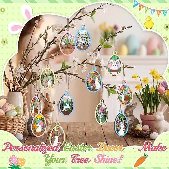 Chunful 36 Pcs Easter Crafts for Adults Kids Wooden 3D Easter Crafts to Paint Ornaments DIY Hanging Unfinished Wood Egg Unpainted Cutouts Slices Rabbit Bunny Butterfly Flower Decor Spring Gifts Tags