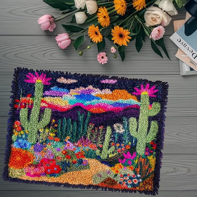 DIY Latch Hook Rug Kits Colorful Desert Landscape Cactus and Wildflowers Stamped Non-Slip Mat Crochet Yarn Hook and Latch Emboridery Tapestry for Home Floor Decor and Pet Warm Cushion 52x38cm(1)