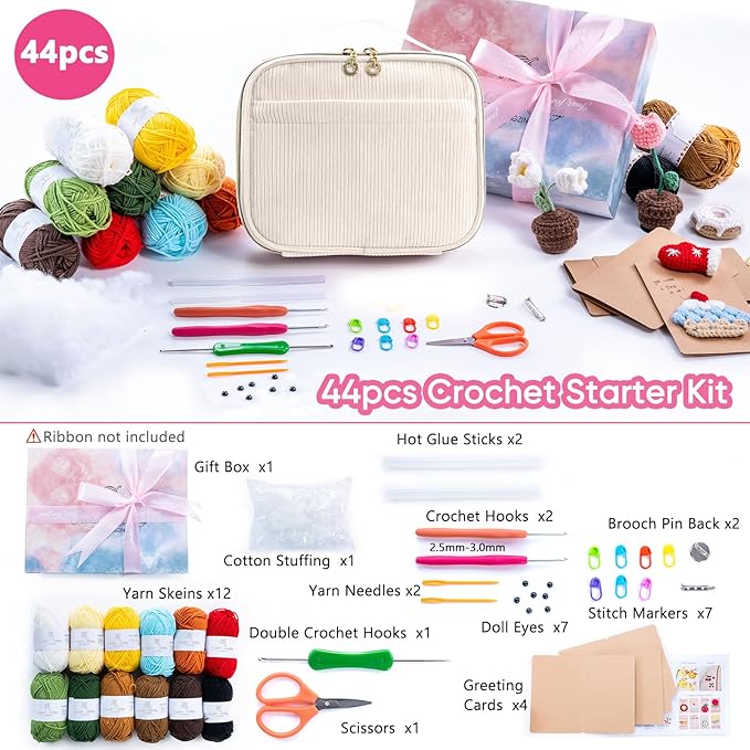 MYBAGZING Crochet Kit for Beginners, Complete Starter Set with Yarn, Ergonomic Crochet Hooks, Needles, Crochet Accessories and Suppliers for Crochet Beginner Projects, Knitting Kit for Adult