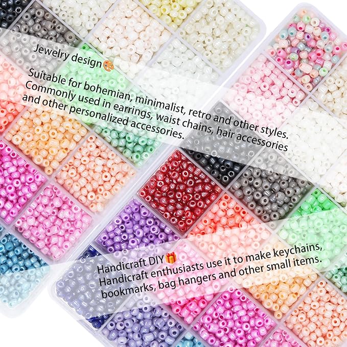 EuTengHao 6/0 Glass Seed Beads Small Craft Beads for DIY Bracelet Necklaces Crafting Jewelry Making Supplies with Jewelry Accessories & Two 0.8mm Clear Bracelet String (4mm, 24 Colors)