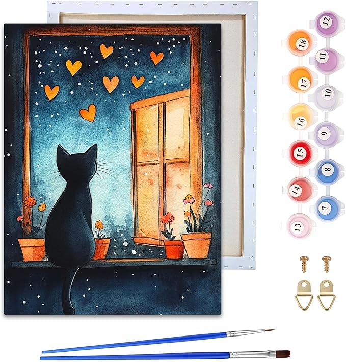 Reofrey Framed Paint by Numbers Kit for Adults & Beginner - 8x12 Inch Canvas Cat Animal Paint by Numbers - Educational & Creative Art Set for Beginners - Perfect for Home Wall Decoration C1970