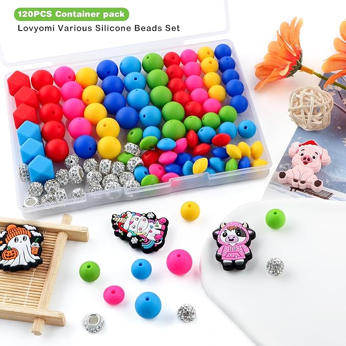 120Pcs Multicolor 12mm 15mm Silicone Beads for Keychain Making, 14mm Hexagon Beads Rhinestone Round Spacer 10mm for DIY Handicrafts(Bright)