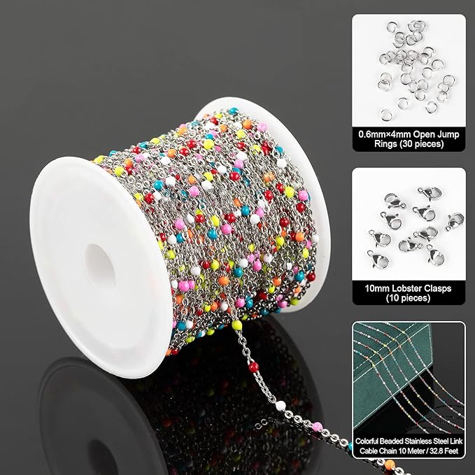 UMAOKANG 33 Feet/10M Silver Jewelry Chains Soldered 304 Colorful Beaded Stainless Steel Link Cable Chain Necklace Bulk for Jewelry Making with 10 Lobster Clasps and 30 Jump Rings