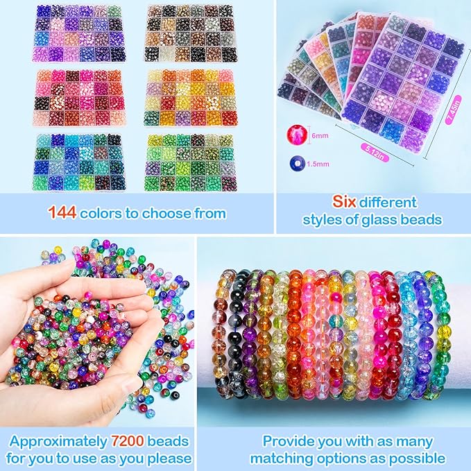XSEINO About 7200pcs 144 Colors 6mm Crackle Glass Beads Bracelet Making Kit,6Box Different Style Crack Series Colorful Crystal Beads for Bracelet Jewelry Making,DIY Crafts,Friendship Bracelets
