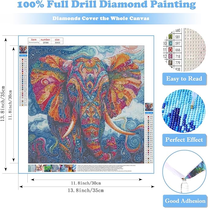 Abstract Elephant Diamond Art Kits for Adults, Animal Diamond Painting for Beginners, Diamond Dot, Dimond Art Paintings Kit, DIY Gem Painting Kit, Crafts for Adults, Home Wall Decor Gifts (14x14inch)