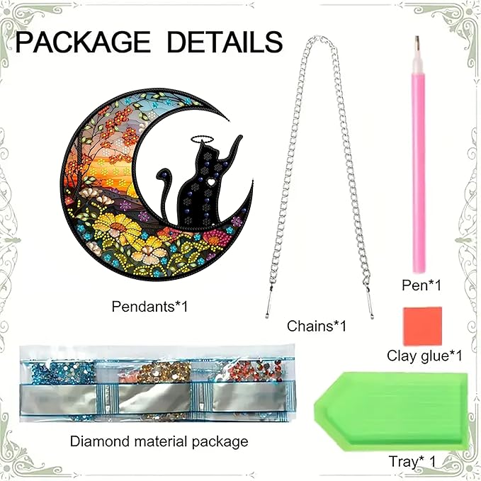 hyzsj DIY Hanging Diamond Art Pendant Painting Kit Moon,Acrylic 5D Painting Window Pendants Cat, Special Crystal Gem Craft Painting Kit Ornament 9.4x9.4inch