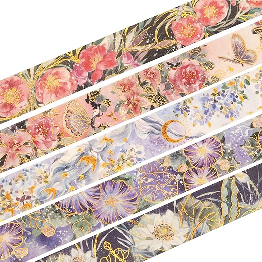 YUBBAEX Blooming Washi Tape Set Gold Foil Masking Tape Peony Wide Decorative for Arts, DIY Crafts, Journal Supplies, Planners, Scrapbook, Card/Gift Wrapping -25mm- (Purple Flowers)