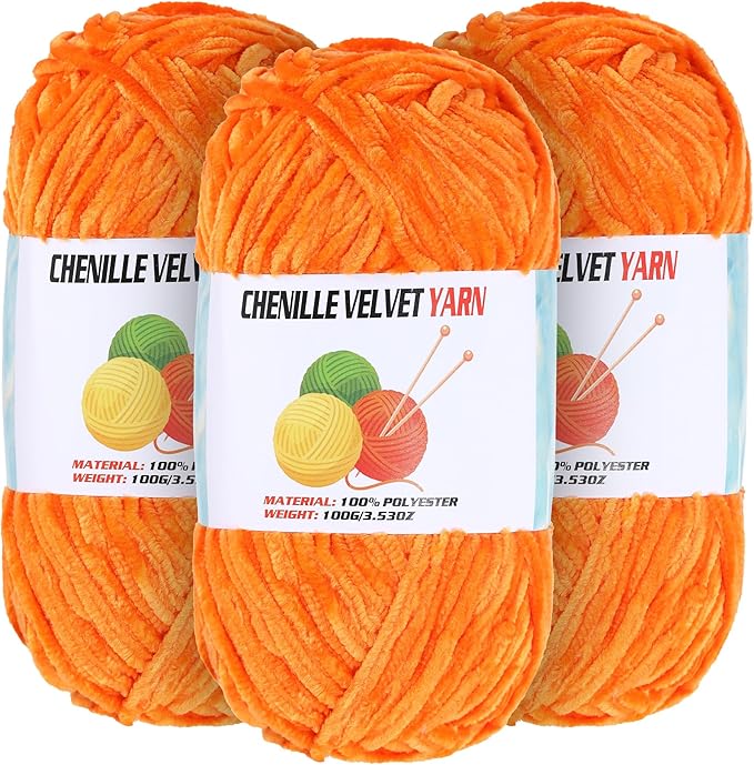 3 * 100g Velvet Chenille Chunky Yarn for Crocheting, Handcrafts Weaving Soft Chenille Yarn for Crocheting Clearance, Used for Making Baby Yarns Blanket, Clothes, Knitting Creations (Orange)