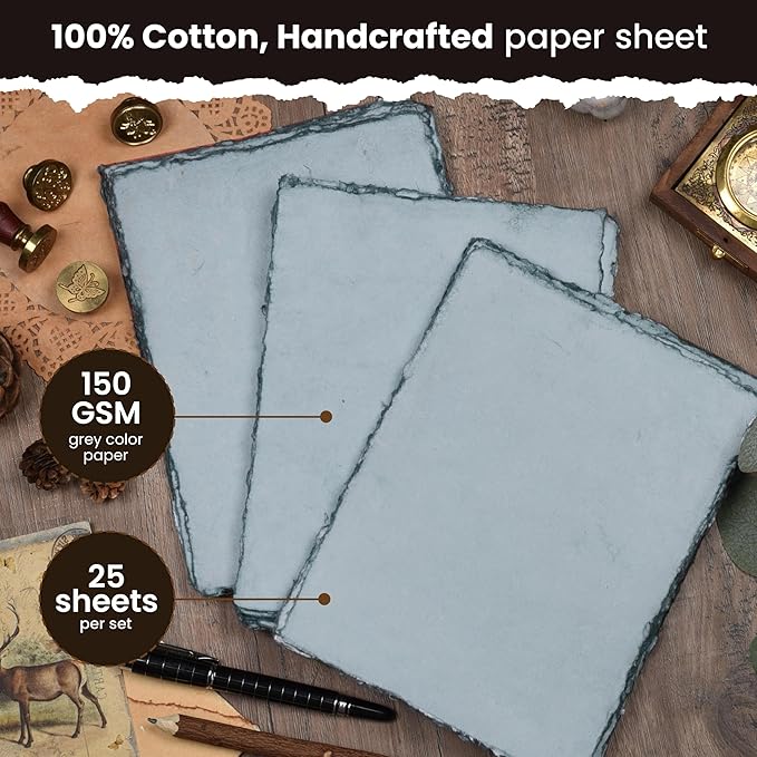 LEATHER VILLAGE Watercolor Paper- 8 X 6 inches - 25 Sheets Watercolor Paper for Drawing, Sketching, Painting & Crafts - 150 GSM Thick Deckle Edge Virgin Cotton Handmade Paper - Grey