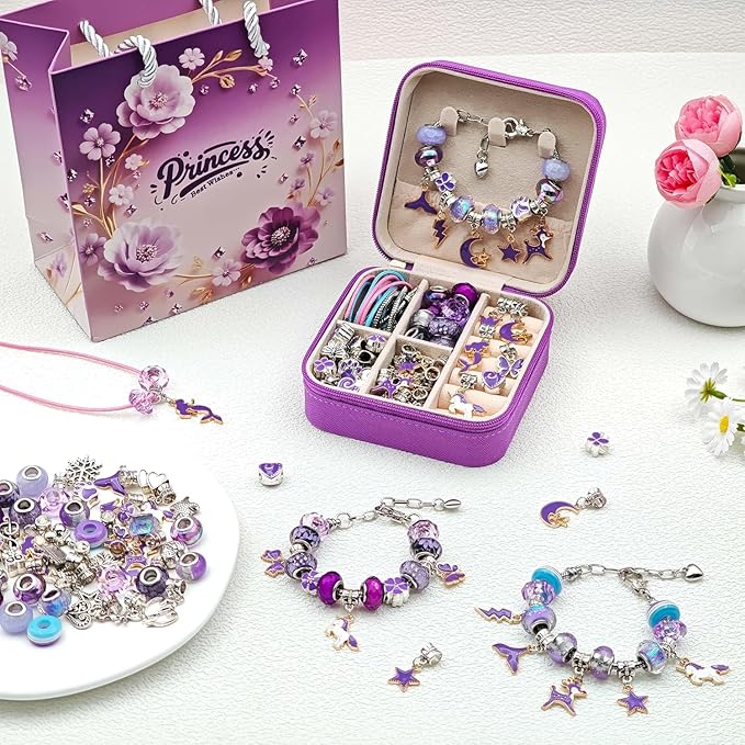 ONADEBY Charm Bracelet Making Kit - Purple DIY Jewelry Making Kit for Girl, Friendship Bracelet Kit with Portable Jewelry Box Bag Packing for Birthday Christmas New Years Easter Valentine Craft Gifts