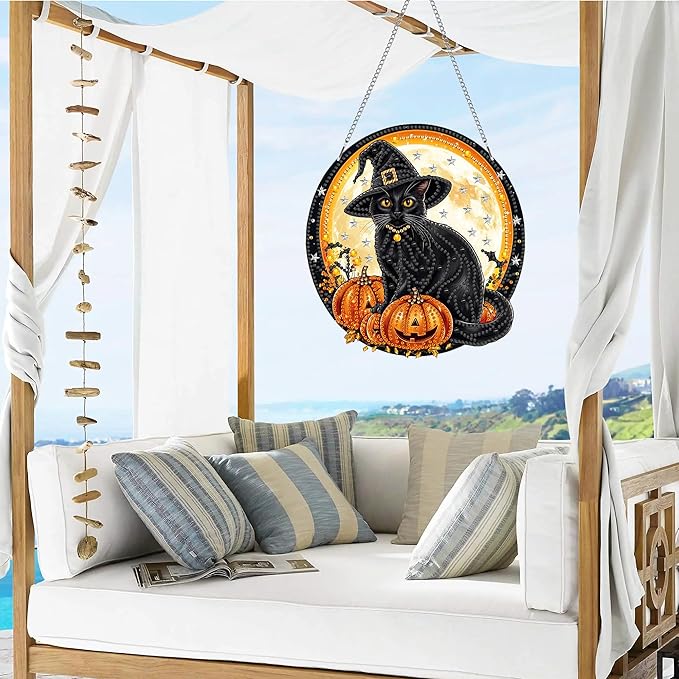 VAIIEYO Halloween Diamond Art Hanging Ornament, Black Cat Pumpkin Diamond Painting Suncatchers Window Hanging Kit with Chain, 7.5x7.5 inch Pendant Art Craft for Gift Home Wall Front Door Decoration-1