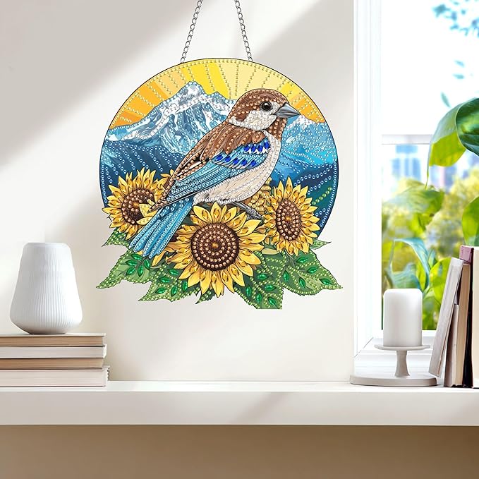 Wergund 5D DIY Bird Diamond Art Hanging Kits, Hanging Diamond Art Sunflower, Acrylic Special Shaped Rhinestone, Window Hanging Pendants for Home Wall Garden Front Door Outdoor Decor Gift(Bird)