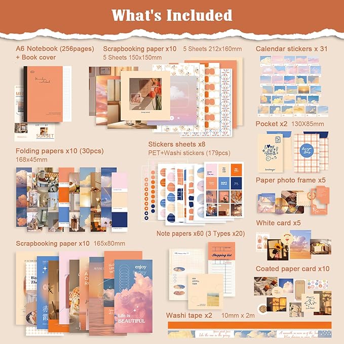 scrapbook supplies kit, vintage junk journaling supplies, scrapbooking kit with aesthetic stickers, stationary set, bullet journaling kit, ephemera collage craft supplies gift for adults women starter