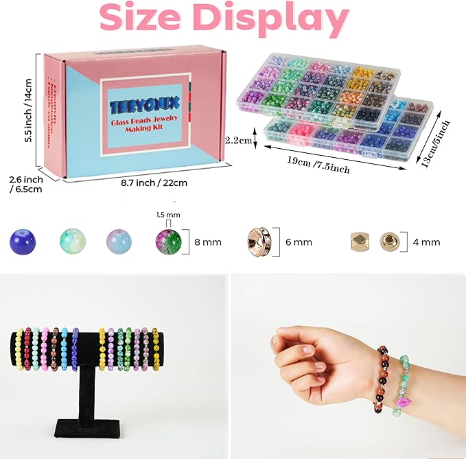 Glass Beads, 1300pcs 48 Colors 8mm Round Crafts Beads for Bracelet Jewelry Making, Beadwork,Craft Supplies for Gifts & DIY Projects