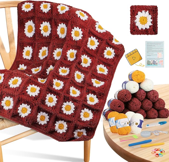 Coopay Crochet Kit Beginners for Blanket, Granny Squares Crochet Blanket Kit with Instructions & Enough Yarn, Complete Crocheting Starter Set Easy Learn to Knitting Blanket for Adults (Roman Red)