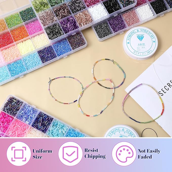 32000 Pcs 2mm Glass Seed Beads Small Craft Beads and 12000 Pcs 7mm Tube Bead Set, Glass Seed Bead Kit for DIY Bracelet Necklaces Crafting Supplies with Elastic Strings Beading Needles 96 Colors