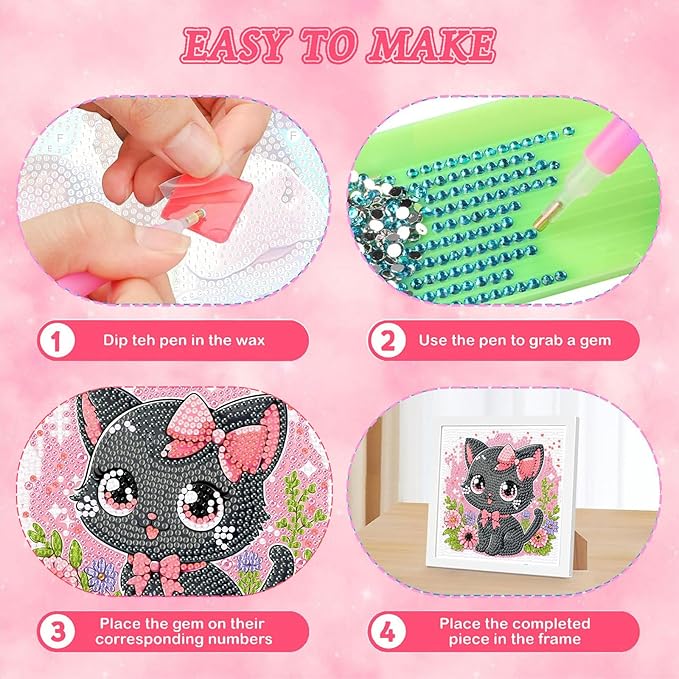 Cat Diamond Art Kits for Kids with Frame-Cat Diamond Art for Kids Ages 4-8-12 with Frame,Animals Diamond Painting Kits for Kid for Gift Home Wall Decoration(7x7inch)