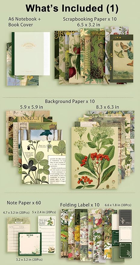 YagCu Botanical Scrapbooking Kit, Vintage Junk Journal Supplies for Adult, Green Large Collection Journal and Scrapbook Set, Journaling Materials, Arts Craft Beginner Stationery