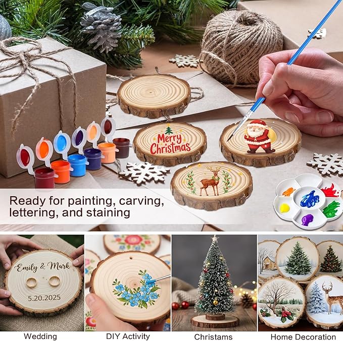 Collabell Christmas Ornament Craft Kit - 20Pcs Natural Round Wood Slices with Painting Supplies for Family, Make Your Own Wood Xmas Tree Decorations, DIY Homemade Wooden Ornaments & Holiday Decor