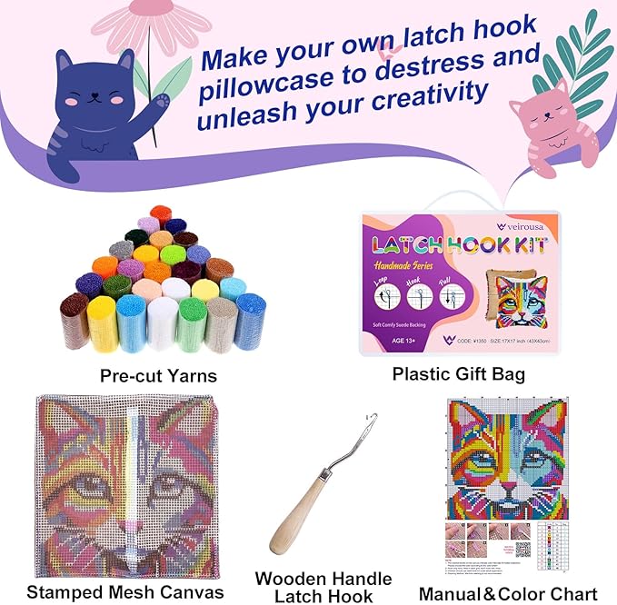 veirousa Colorful Cat Latch Hook Kits for Adults Beginners, Cute Animals Latch Hook Pillow Kit Pre-Printed Latch Hook Rug Kits Cross-Stitch Embroidery Cushion for Home Sofa Decoration 17x17 in.