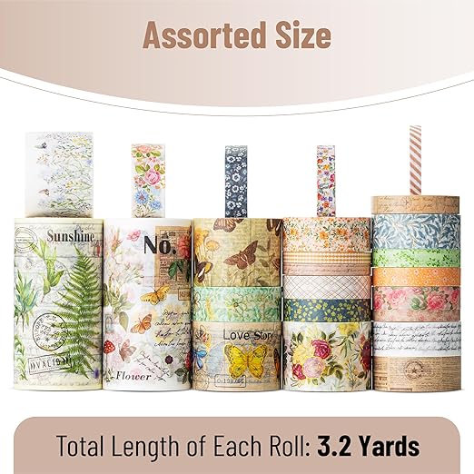 Mr. Pen- Washi Tape Set, 24 Rolls, Assorted Sizes, Vintage Botanical & Butterfly, Washi Tape for Journaling