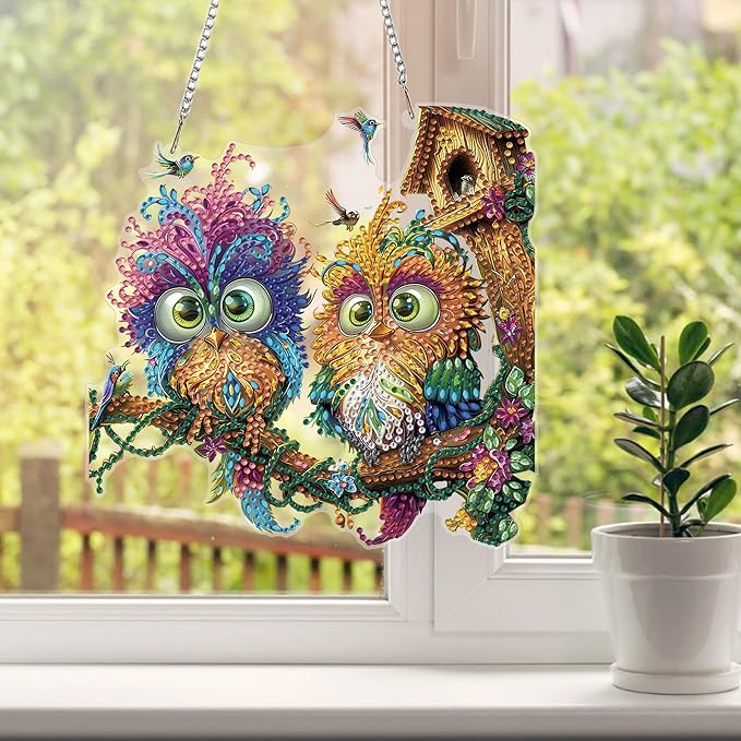 HEIBAGO Bird Diamond Art Hanging Kits for Adults, Diamond Art Suncatchers, 5D Special Shape Diamond Painting Pendant, DIY Window Ornament Gifts for Home Garden Door Wall Decor 8.3 x 8.3 Inch
