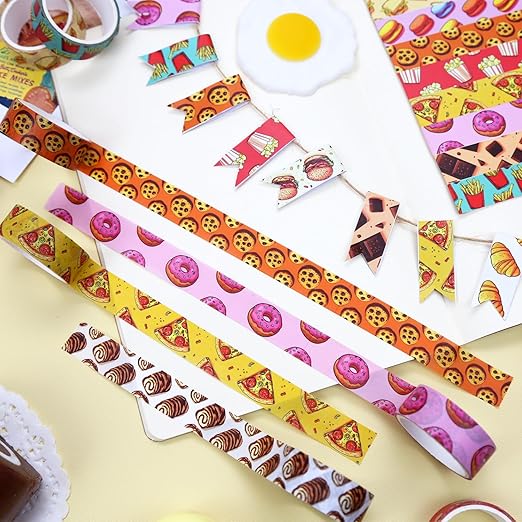 12 Rolls Cute Food Themed Washi Tape Set, Cartoon Yummy Dessert Decorative Tape Macarons Colorful Masking Tape for Journaling Supplies, Junk Journal, Scrapbooking, DIY Arts & Crafts Supplies