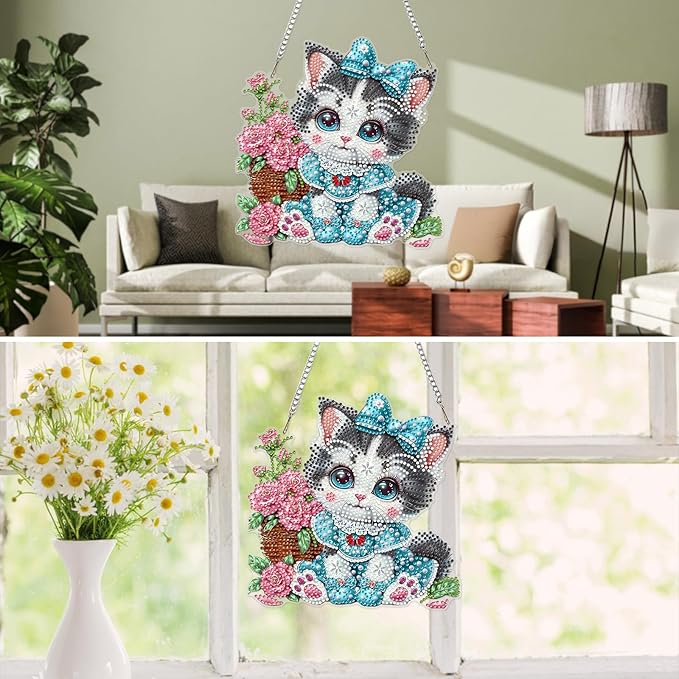 MXJSUA Big Eyes Cat Diamond Art Hanging Kits for Adults Beginners, DIY Acrylic Special Shaped Crystal Diamond Gem Drills Pendant Art Painting Ornament for Home Wall Decor Gift