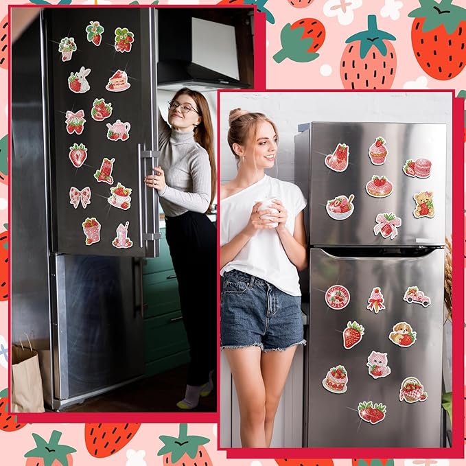 30 Pcs Strawberry Diamond Art Painting Magnets Kits Shortcake Magnetic Fridge Diamond Art Painting Kits Summer Cute Fridge Sticker Magnet 5D DIY Craft for Adult Beginner Gifts Toy Home Office Decor