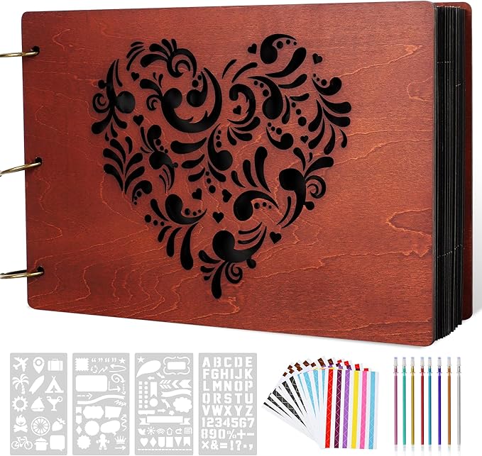 Giiffu Wooden Scrapbook Photo Album with Heart Design, DIY Memory Book, 100 Pages Personalized Scrapbooking Album, Romantic Gift for Wedding, Anniversary & Valentine’s Day