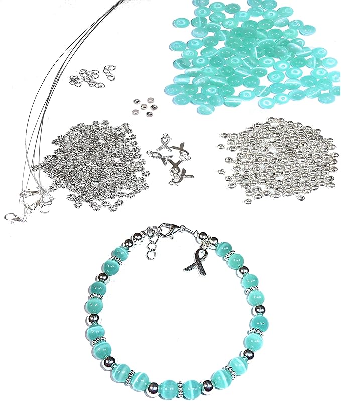 Hidden Hollow Beads DIY Craft Beading Kit, Everything to Make Cancer Awareness Bracelets, Uses Wire, Crimps and Clasps, Fundraising and Gifts (Ovarian Cancer - Teal - Makes 5)