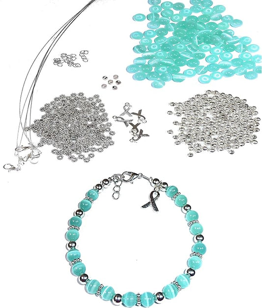 Hidden Hollow Beads DIY Craft Beading Kit, Everything to Make Cancer Awareness Bracelets, Uses Wire, Crimps and Clasps, Fundraising and Gifts (Ovarian Cancer - Teal - Makes 5)