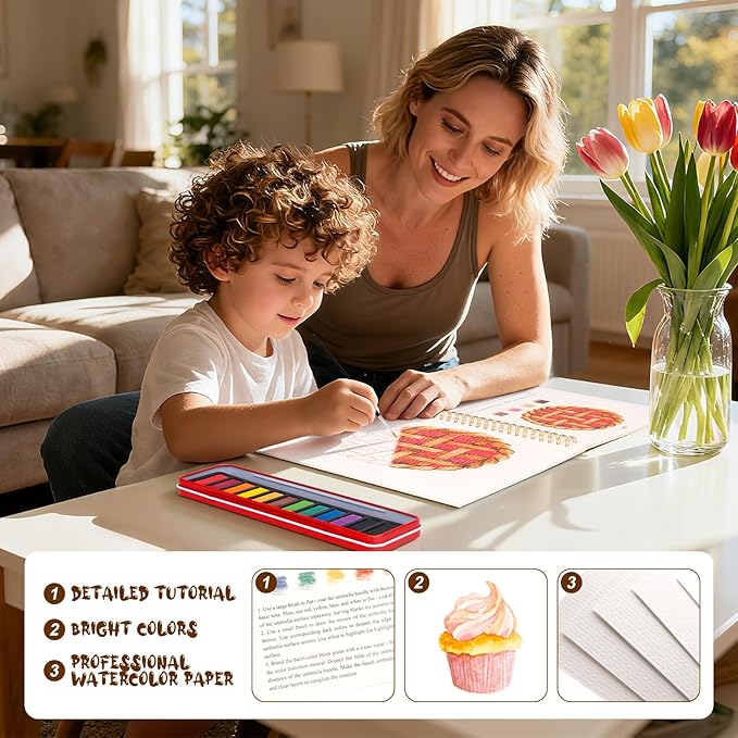 Watercolor Workbook for Adults, Beginner Friendly Watercolor Painting Kit Baking Pattern Water Coloring Book, Nature-Themed Practice Art Gift Water Color Paint Book with Palette and Brush
