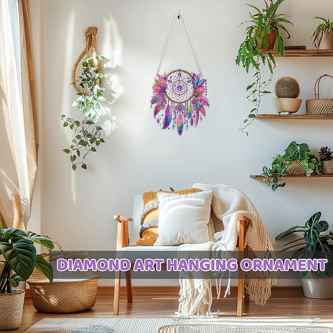 MEIYUDA Dreamcatcher Diamond Art Hanging Kits for Adult, Pink Dreamcatcher Diamond Painting Hanging Kits Ornaments, DIY Special Shaped Rhinestone Window Pendants kit for Home Garden Wall Decor Gift