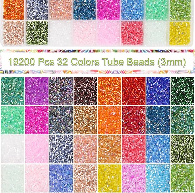 EuTengHao 19200Pcs Tube Beads Kit 3mm Glass Bugle Seed Beads for Jewelry Making Embroidery & Home Decor (32 Vibrant Color)