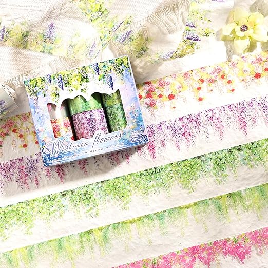 Wisteria Floral PET Decorative Tape Set, 6 Rolls Wide Garden Washi Tape for Journaling Supplies, Scrapbooking, Bullet Journal, Junk Journal, DIY Crafts and Gift Wrapping