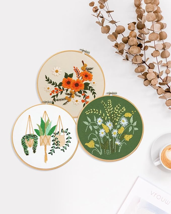 Santune 3 Sets Embroidery Kit for Beginners Needlepoint Cross Stitch Kits for Adults,Stitch Learning DIY Sets with Instruction Video,Stamped Floral Patterns,Hoop,Threads,Sewing Hobby
