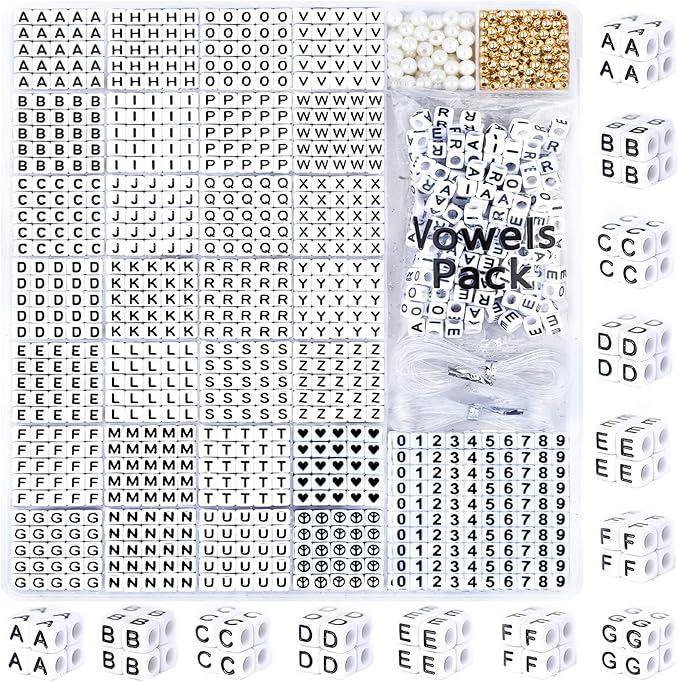 Alphabet Beads - 1270Pcs Square Acrylic Letter A-Z With Extra Vowels, Numbers and Spacers - Ideal for Bracelets, Necklaces, Friendship Kits