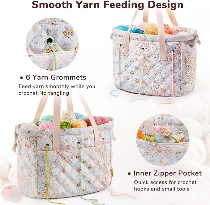 MYBAGZING Portable Crochet Bag Organizer with Crochet Hook Organizer Roll, Quilted Yarn Storage Tote with Grommets, Knitting Project Bag for Yarn & Accessories, Floral Craft Tote Gift for Crocheters