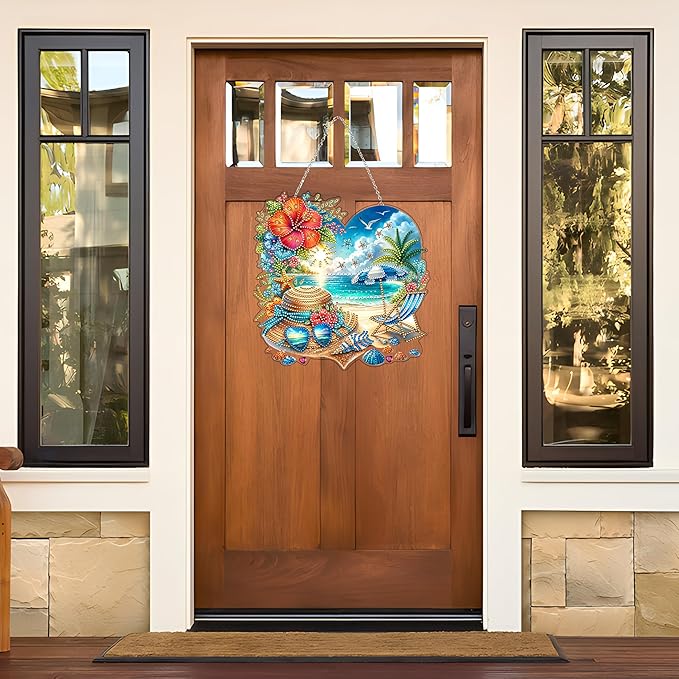 JJFox Diamond Art Hanging Kit for Adult,Special Shaped Rhinestone,Double Sided DIY Acrylic Diamond Art Painting Window Pendants Home Garden Wall Hanging Kits Hanging Ornament (Summer Beach)