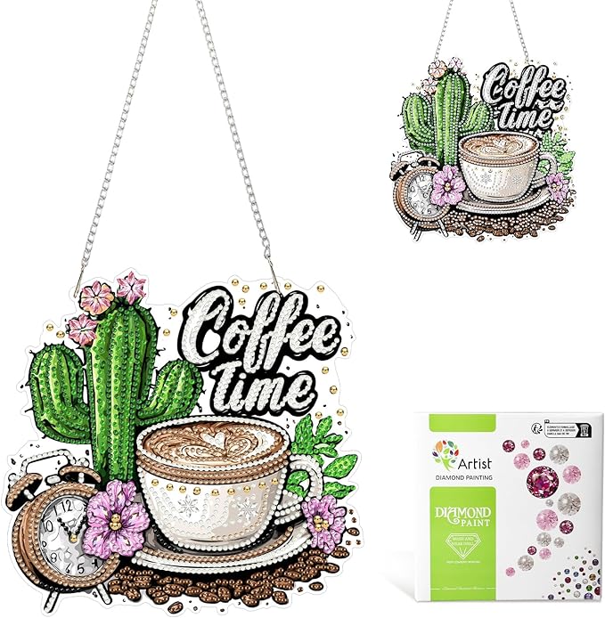 MAXBYE Coffee Time Diamond Art Painting Kits for Adults Beginners Hanging Pendent, DIY 5D Special Shaped Crystal Diamond Painting Kits Ornament for Gift Home Wall Door Decor 8×8 Inch