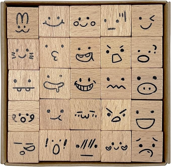 25pcs Mood Expression Wooden Rubber Stamps Kit, Cute Small Emoticon Theme Stamps for Decorative Diary Planner DIY Craft Scrapbook Card Making Letters Journal