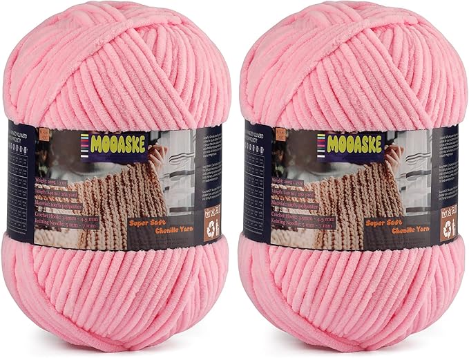 Chunky Velvet Yarn for Crocheting, 2-Pack 14.1oz 524.8 Yards Total, Super Soft Chenille Plush Yarn for Baby Blankets, Amigurumi, Scarves | 20 Colors (2, Pink)